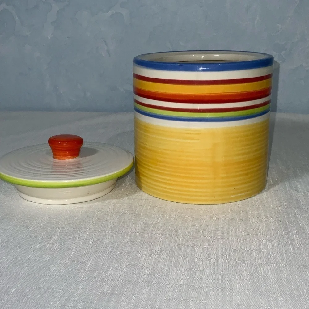 Clay Art “Calypso” Hand Painted Yellow Multicolor Stripes Stone Lite Canister 5”